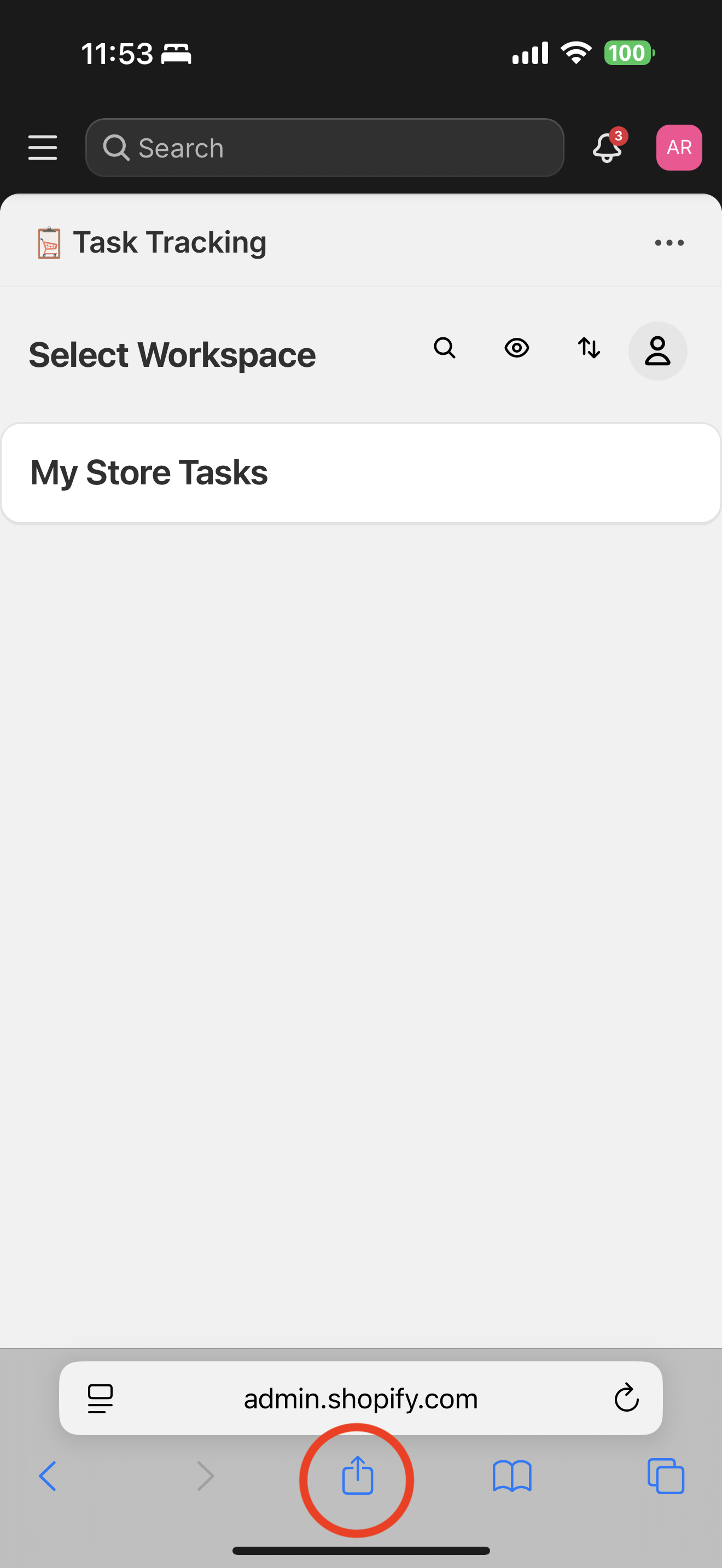 Task Tracking app with Share button highlighted